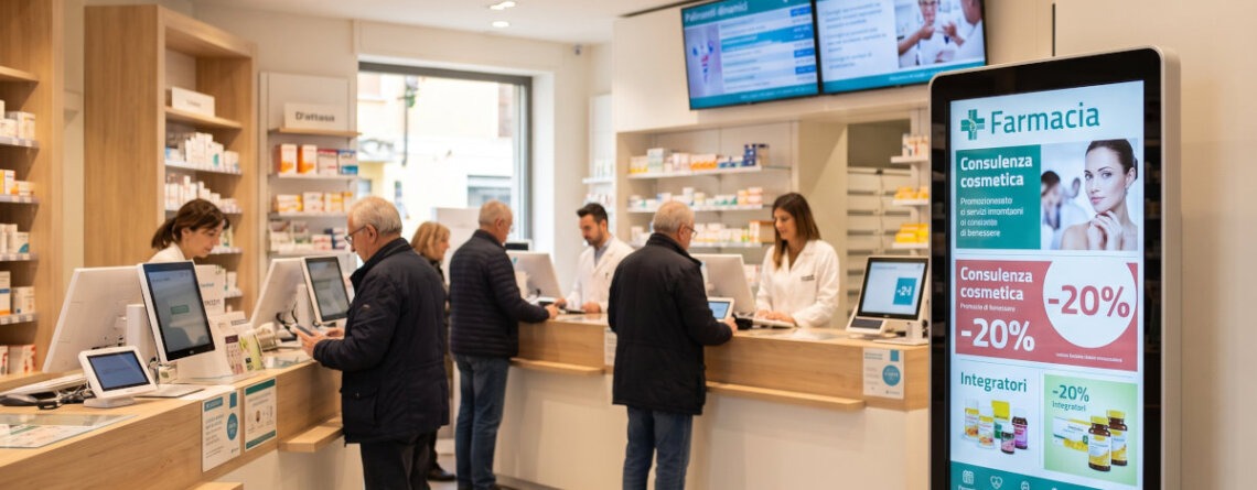 Limmagine raffigura linterno di una moderna farmacia italiana, dove clienti e farmacisti interagiscono ai banconi di servizio tra scaffali pieni di prodotti e vari schermi digitali che mostrano informazioni e promozioni.