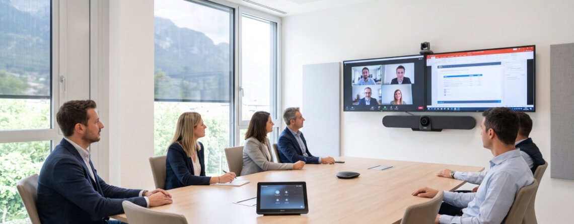 Un gruppo di professionisti è riunito in una sala moderna e luminosa per una videoconferenza, con schermi che mostrano altri partecipanti e finestre che rivelano un paesaggio montano.