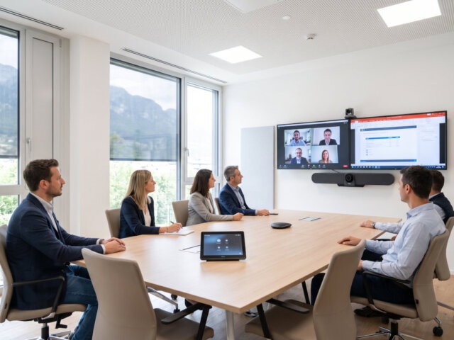 Un gruppo di professionisti è riunito in una sala moderna e luminosa per una videoconferenza, con schermi che mostrano altri partecipanti e finestre che rivelano un paesaggio montano.